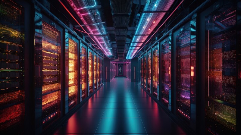 Data Center Server Room. Network Communication, Colorful Neon Se