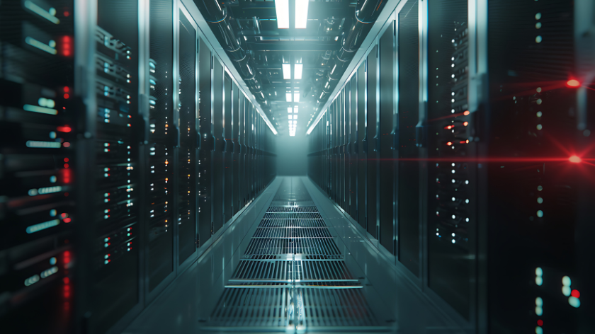 AI-generated generic data centre: Shot of Corridor in Working Data Center Full of Rack Servers and Supercomputers with High Internet Visualisation Projection