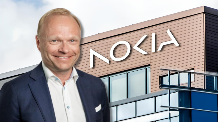 Departing Nokia CEO Pekka Lundmark superimposed in front of the faced of Nokia's headquarter building in Espoo, Finland