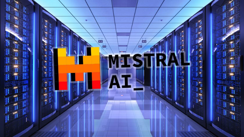 The logo for French startup Mistral AI superimposed in front of a data centre server room