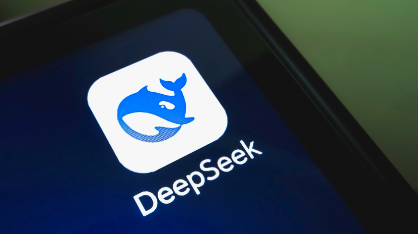 DeepSeek app on device screen. Low cost Chinese artificial intelligence. Open source AI assistant technology.