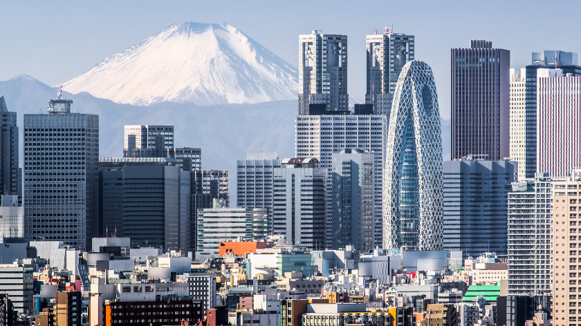 Tokyo, Japan skyline, featuring the Shinjuku building with Mt. Fuji in the background