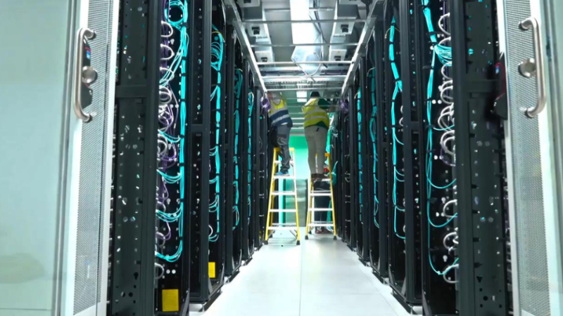 Staff at work installing a server room at Lefdal Datacenter