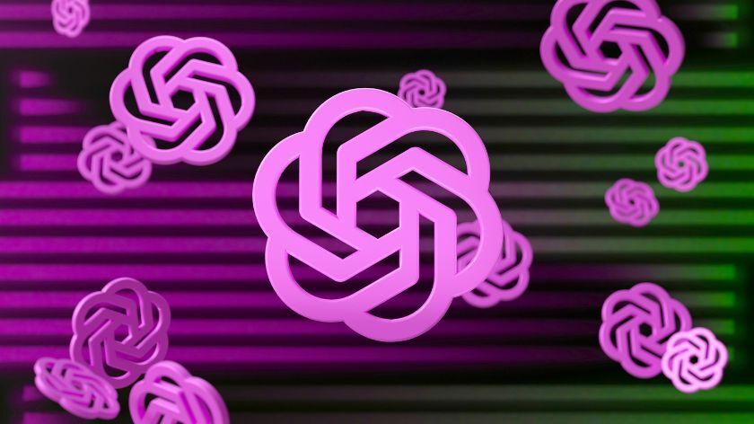 Digital render of OpenAI's logo in pink in front of a pink and green background