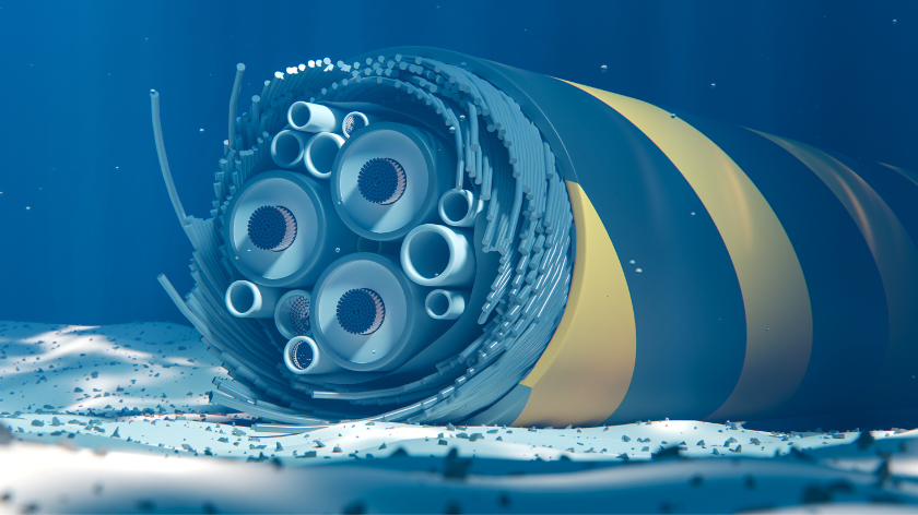 Broken subsea cable on the seabed. Internet connection failure. 3d rendering