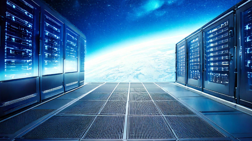 AI-generated image of a data centre server room in space