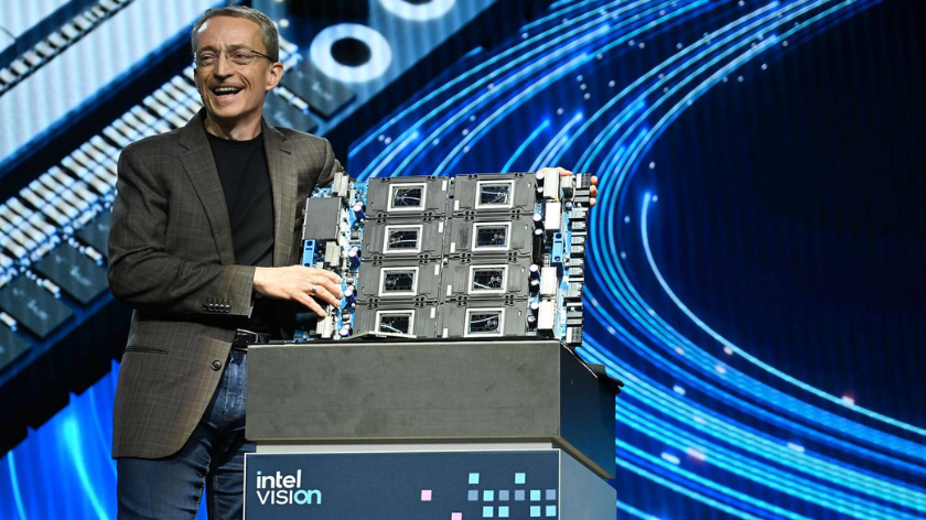 Former Intel CEO Pat Gelsinger unveiling the Gaudi 3 accelerator at Intel's Vision Event in Phoenix Arizona in April 2024