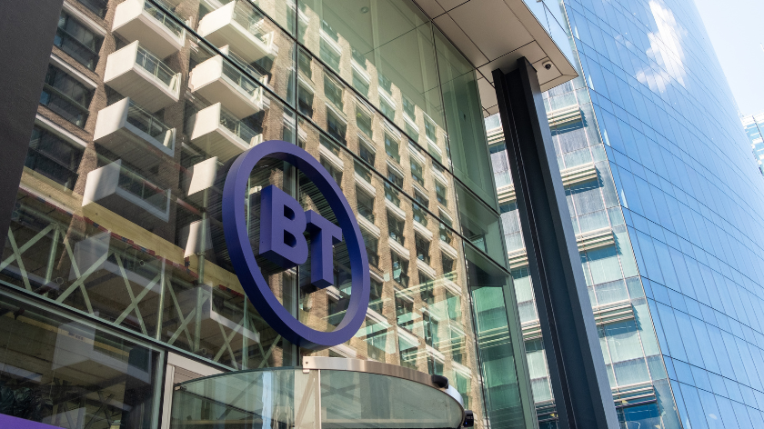 BT's logo affixed to its corporate office in London, England