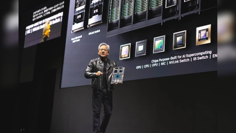 NVIDIA CEO Jensen Huang showcases Blackwell, the company’s AI supercomputing platform, at the AI Summit Japan in Tokyo.