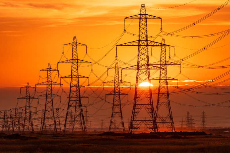 Power lines running from the Dungeness power plant in southern England