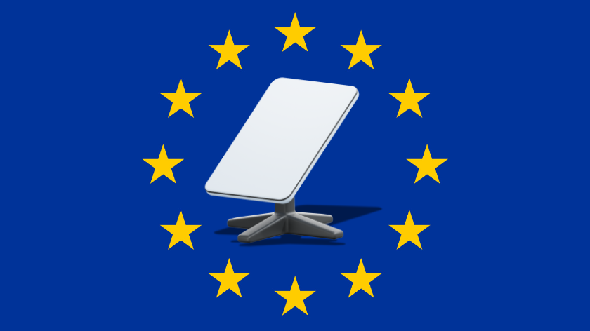 A Starlink-like receiver set against the EU flag