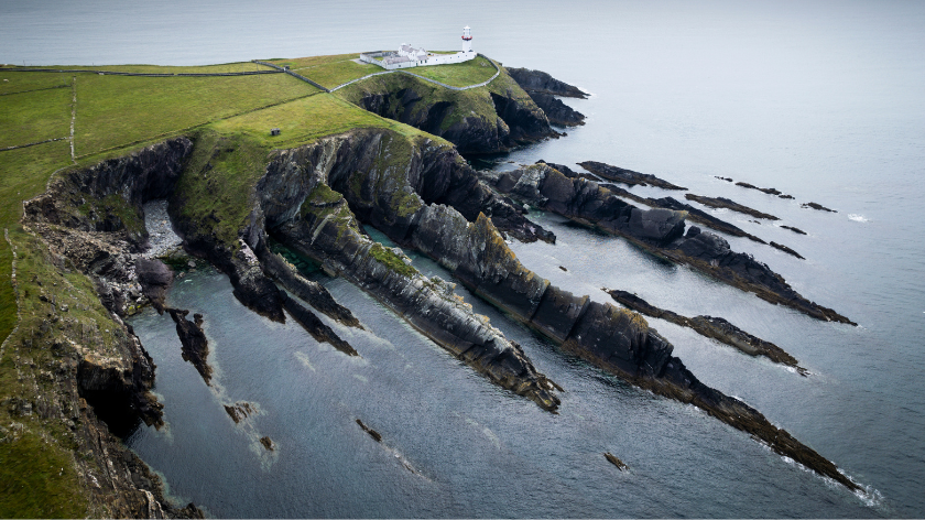 Aerial view of Galley Head Lighthouse in Rathbarry near Rosscarbery, County Cork, on the south coast of Ireland.