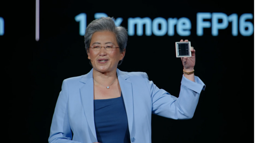 Dr. Lisa Su, CEO of AMD, holds up the new AMD Instinct MI325X GPU at Advancing AI 2024 in San Francisco