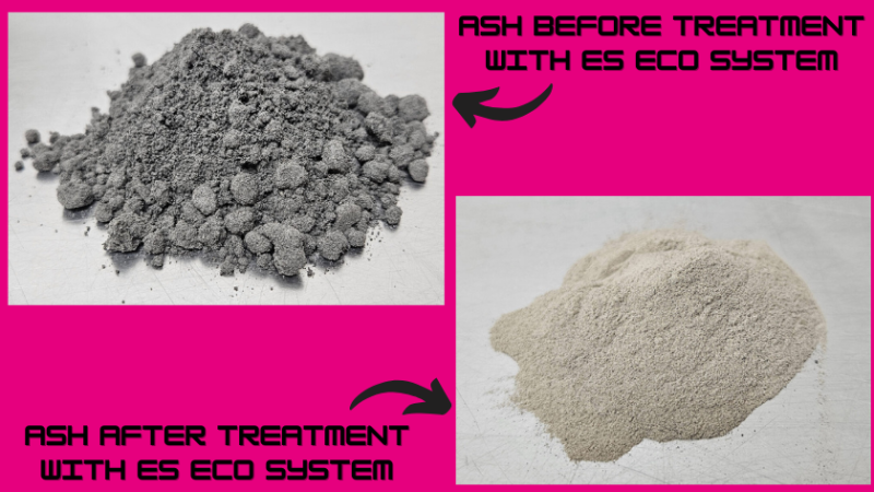 Ash before (top left) and after (bottom right) treatment with Eco Material Technologies' ES ECO System