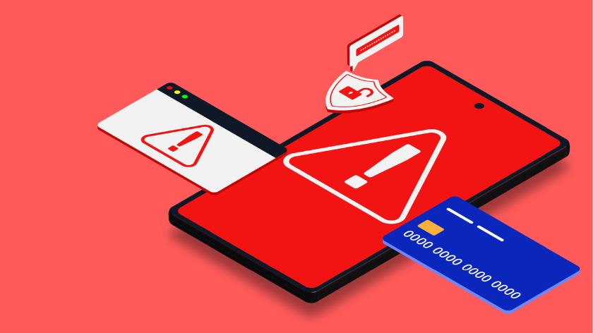 Mobile fraud warning concept with smartphone and credit or debit card isometric. Internet phishing, online scam alert and cyber fraud warning