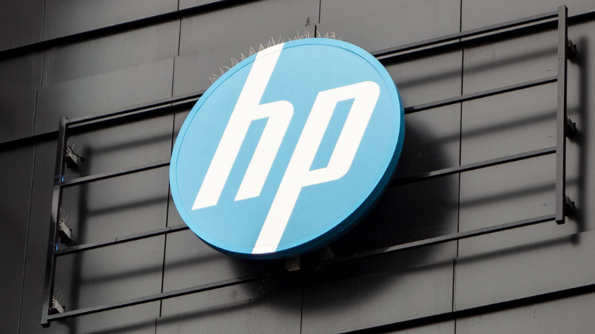 The logo of American Hewlett-Packard on a black building