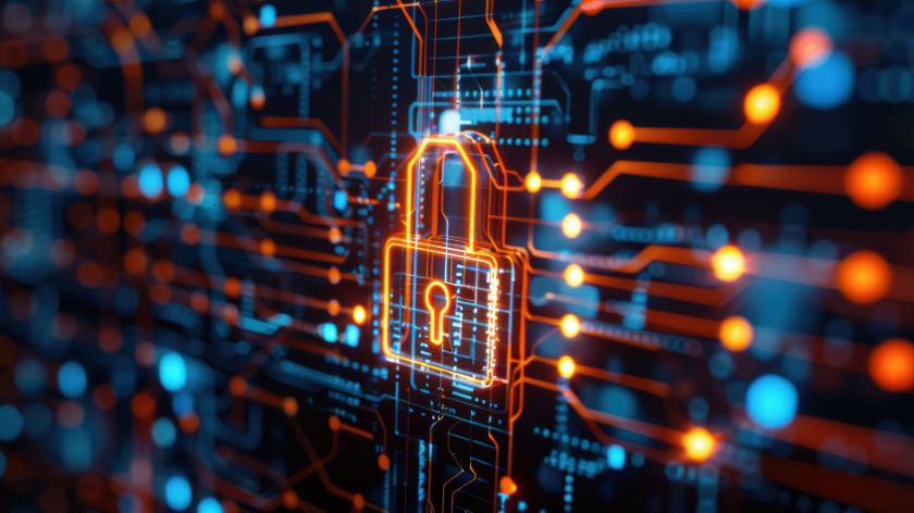 AI-generated concept of a cybersecurity lock protecting digital data on circuit board