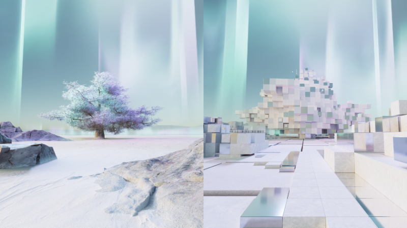 On the left, there is an image of a tree on a snowy, rocky landscape, with light shining in from the background. On the right, there is the same landscape, but it is now reproduced as grey and silver cubes in the shape of a tree and technical terrain, backgrounded by the light.