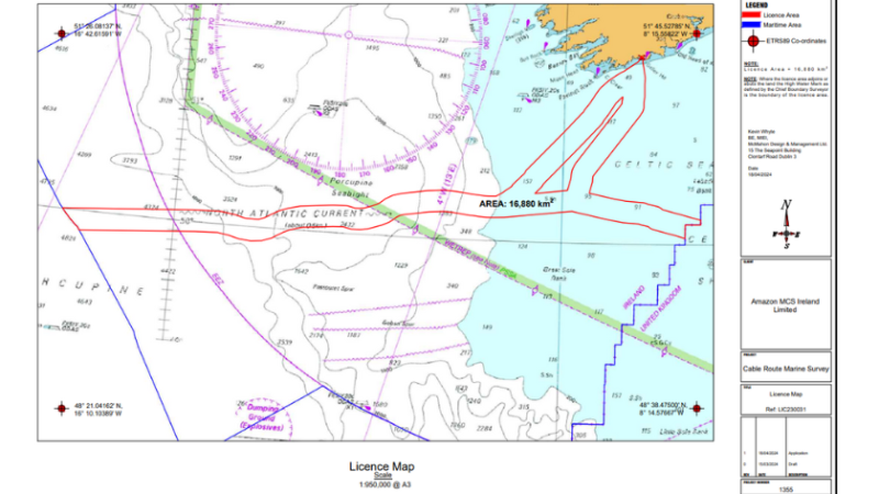 A graphic displaying the proposed maritime area for Amazon's prospective southern Ireland subsea cable