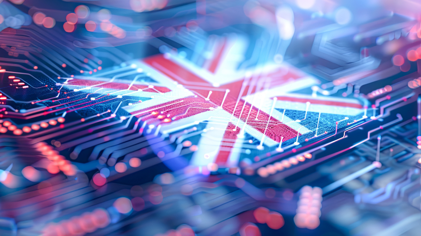 Digital concept of union flag superimposed onto a circuit board