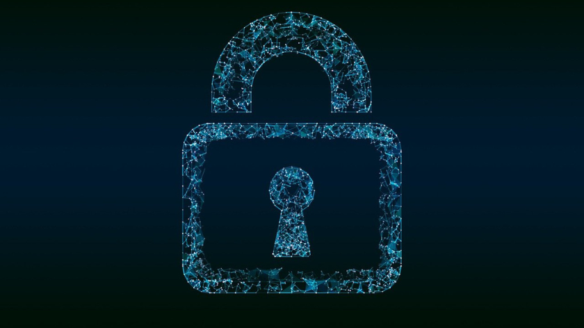 Cybersecurity concept of a digitally rendered blue padlock