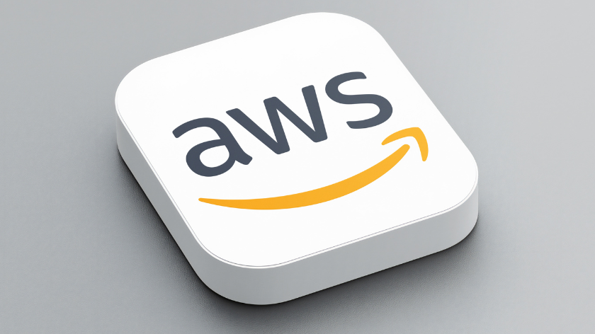 An icon of the AWS logo on a gray background, a white square with rounded corners, a minimalistic design, 3D rendering.