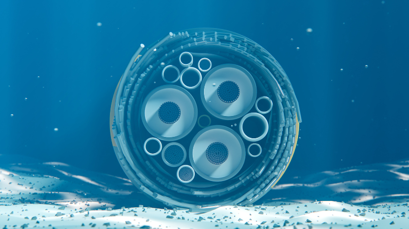 Digital render of a section of a subsea internet cable on the seabed