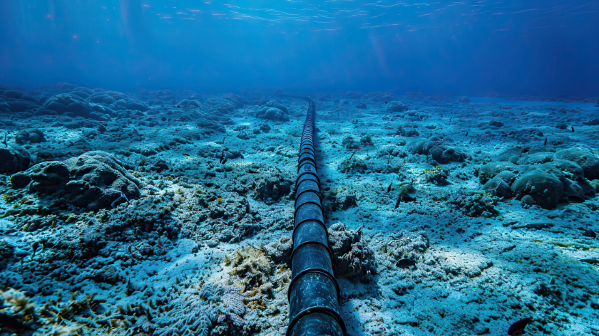 AI-generated image of a subsea cable led against the ocean floor