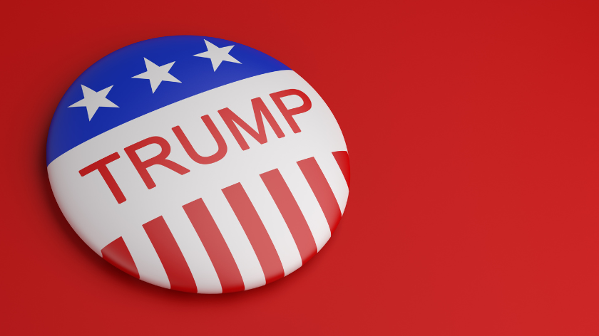 An election button expressing support for former businessman Donald Trump