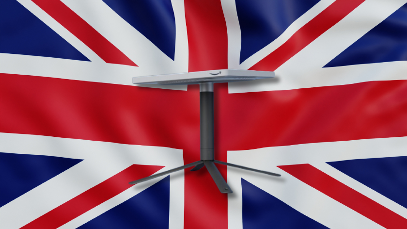 An Amazon Kuiper terminal superimposed in front of the UK's union flag