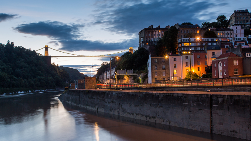 Bristol City skyline showing the river Avon flowing underneath the Clifton Suspension Bridge