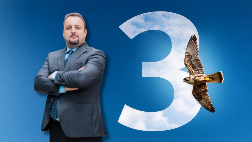 Dr Hakim Hacid, chief researcher at the Technology Innovation Institute's AI and Digital Science Research Centre superimposed next to an AI-generated image of the number three and a Falcon soaring through the sky