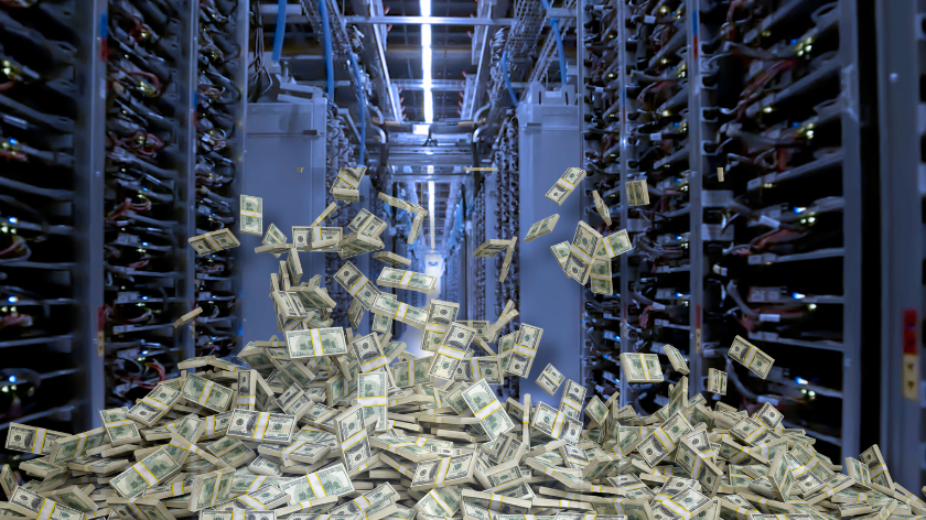 A bill pile of cash superimposed in front of a data centre server room