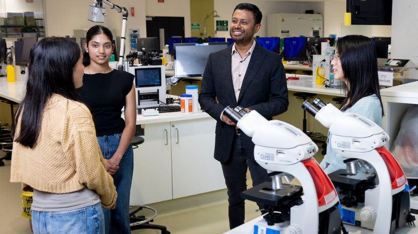 AirTrunk founder Robin Khuda with students after gifting $100 million to the University of Sydney to support women in STEM