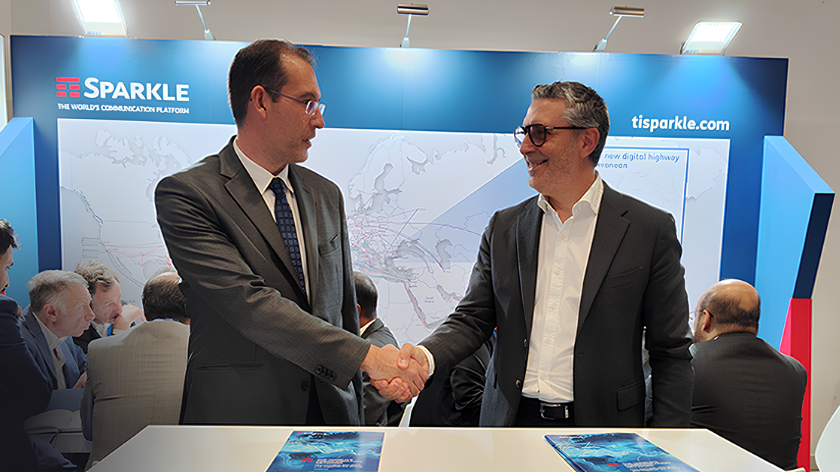 From left: Cyta's George Metzakis shakes hands with Enrico Bagnasco, CEO of Sparkle at Capacity Middle East 2025 after the pair signed an agreement to launch a landing station for the BlueMed subsea cable in Cyprus.