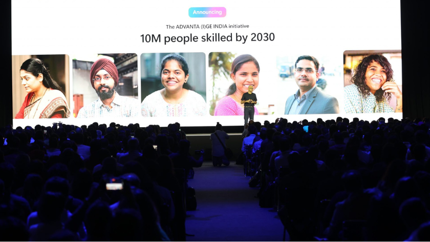 Microsoft chairman and CEO, Satya Nadella, on stage at the Microsoft AI Tour in Bengaluru where he announced Microsoft will equip 10 million people in India with cloud and AI skills by 2030.