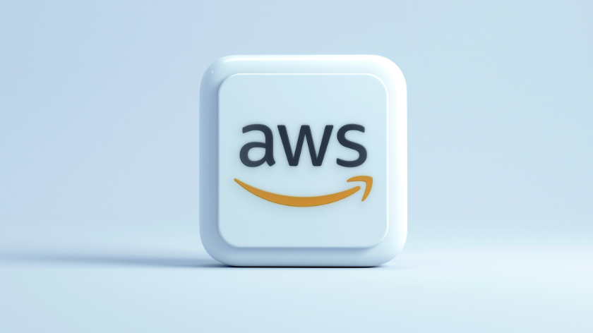 AWS logo in a white digital 3D icon concept on a pale blue background