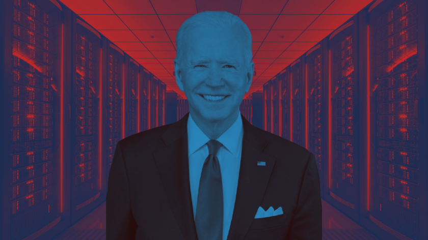 Stylized concept of President Biden in a neon data centre, featuring the red, white, and blue of the star spangled banner